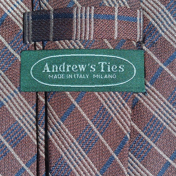 Brown, Blue, and Cream Plaid Men's Tie - Zadi Andrew's Ties - Picture 3 of 4